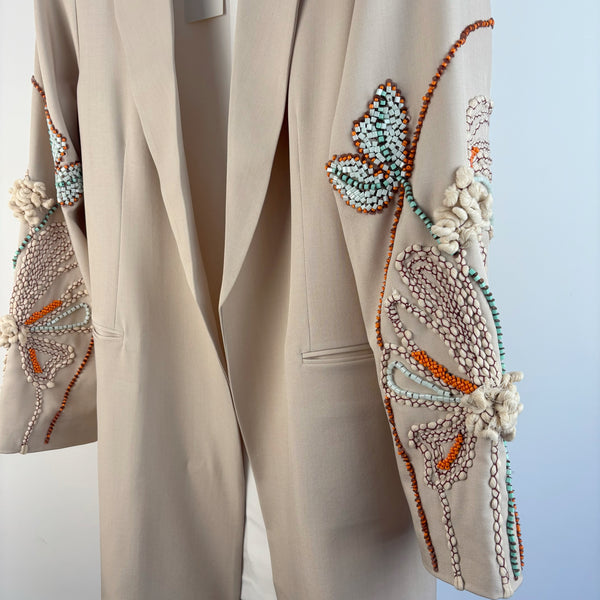 Embroidered Sleeve Beige Power Blazer